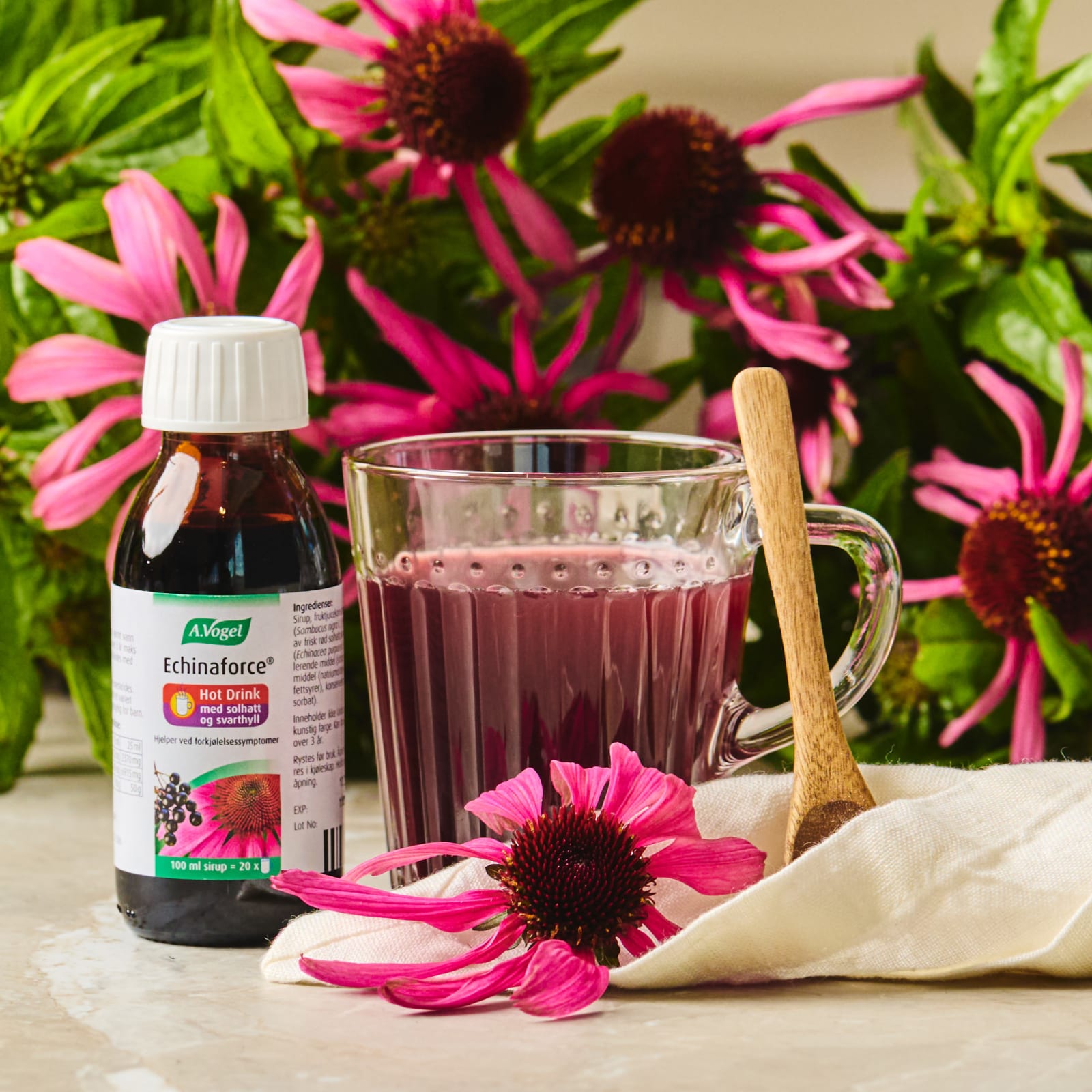 A.Vogel Echinaforce Hot Drink med solhattblomster og en varm kopp
